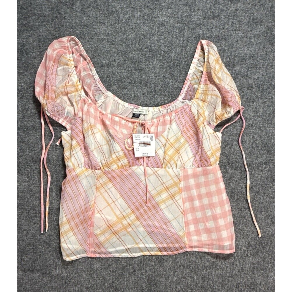 NWT American Eagle Women’s Medium Patchwork Plaid Tie Front Puff Sleeve Crop Top